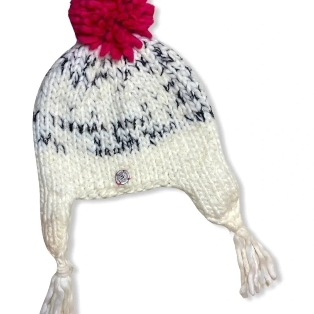 Kids White Knit Pom Pom Earflap Hat with Pink Pom